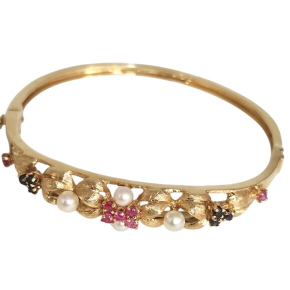 Antique 14k Yellow Gold Pearls,Ruby & Sapphire Bangle Bracelets - Picture 1 of 12